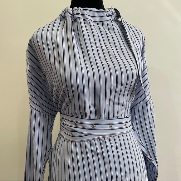 Tibi - Blue White Viscose Stripe Shirting Buckle Doman Dress Long Sleeve Size 0 - Picture 3 of 10